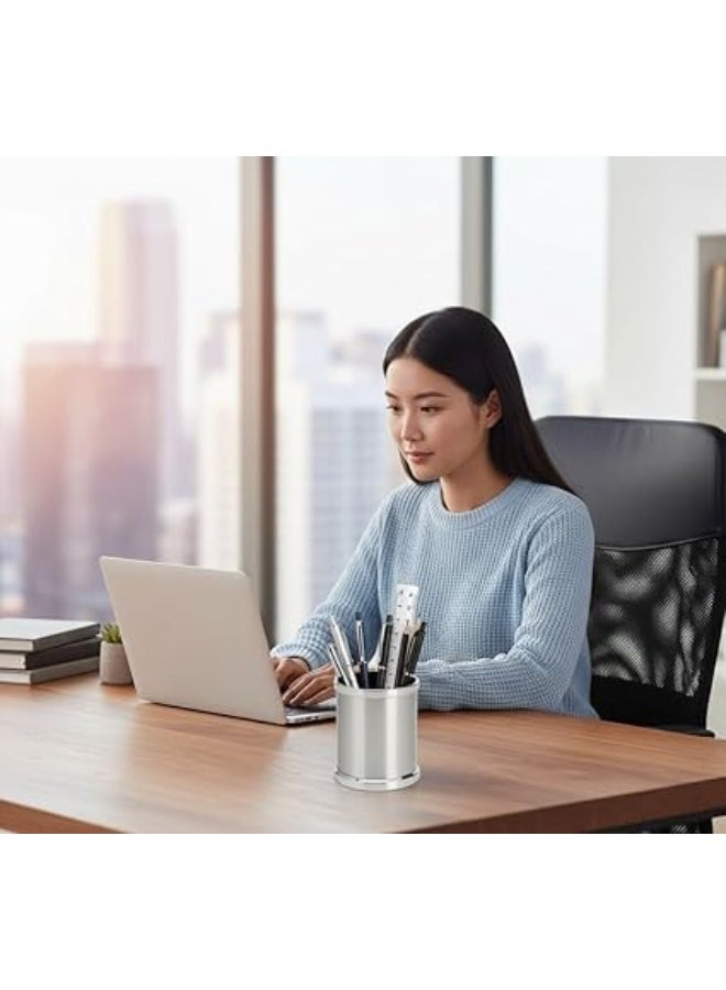 حامل أقلام مكتبي، منظم أدوات كتابة، تصميم أسطواني ،فضي مع حواف فضية،متعدد الاستخدامات مناسب للاستخدام في المكتب أو المنزل أو المدرسة لتنظيم الأقلام والمقصات والمساطر وغيرها من الأدوات - Image 2